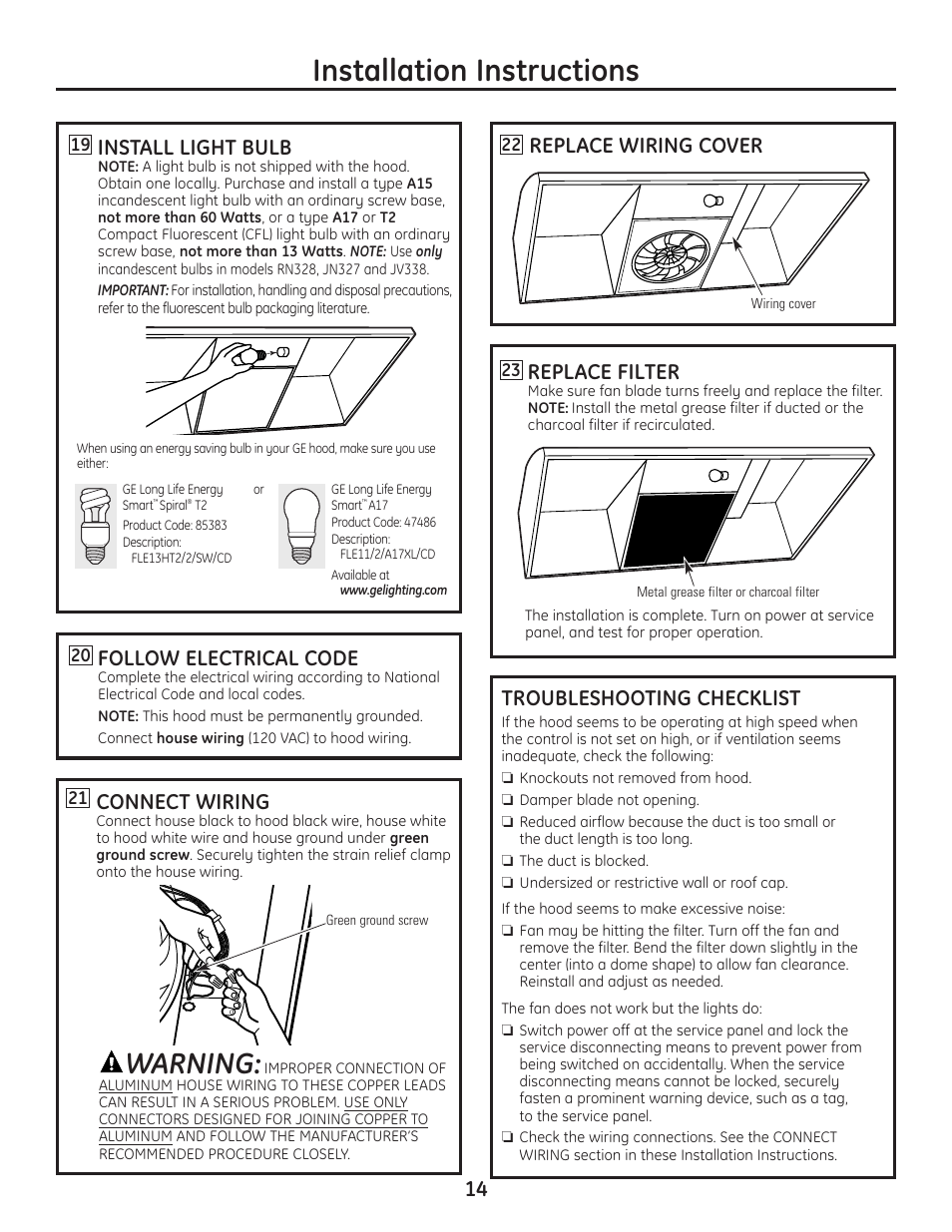 Installation instructions, Warning, 14 follow electrical code | Install light bulb, Troubleshooting checklist, Replace wiring cover connect wiring, Replace filter | GE JV247 User Manual | Page 14 / 16
