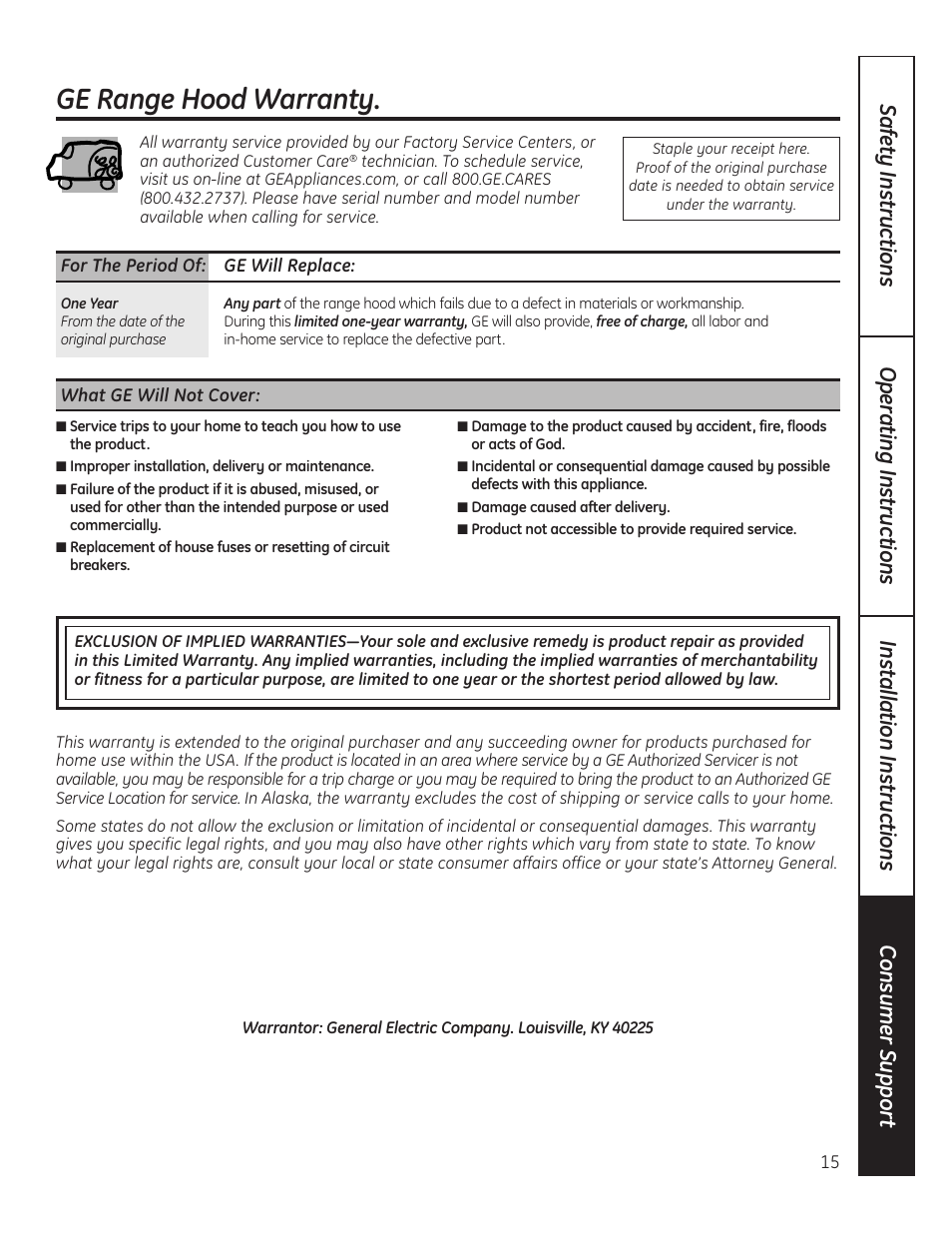 Ge range hood warranty | GE JV247 User Manual | Page 15 / 16