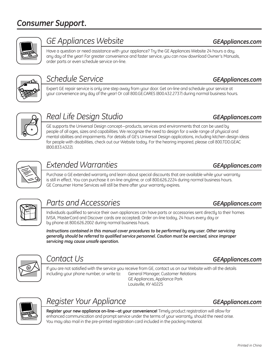 Consumer support. ge appliances website, Schedule service, Real life design studio | Extended warranties, Parts and accessories, Contact us, Register your appliance | GE JV247 User Manual | Page 16 / 16
