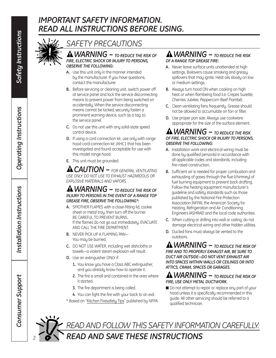 Caution, Warning | GE JV247 User Manual | Page 2 / 16