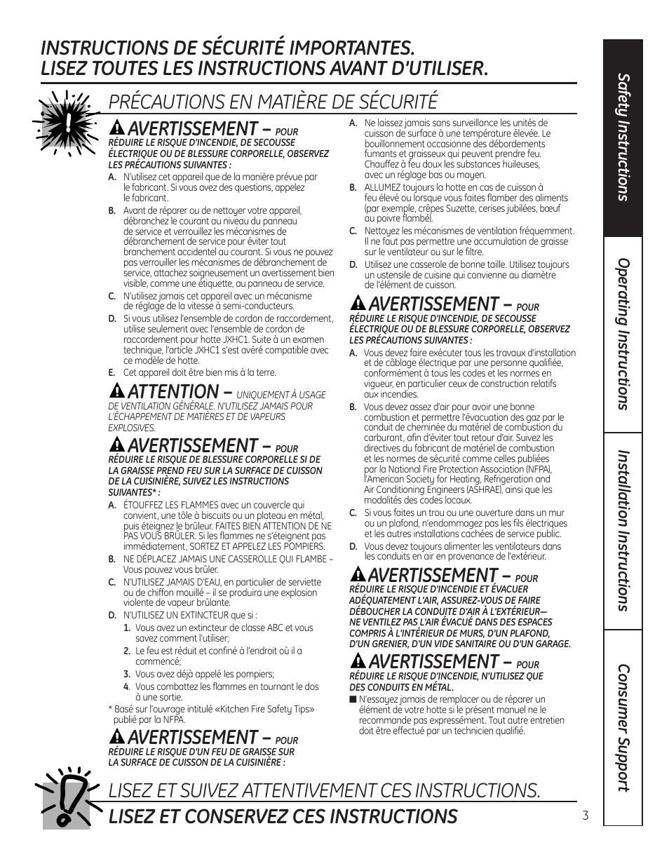Attention, Avertissement | GE JV247 User Manual | Page 3 / 16