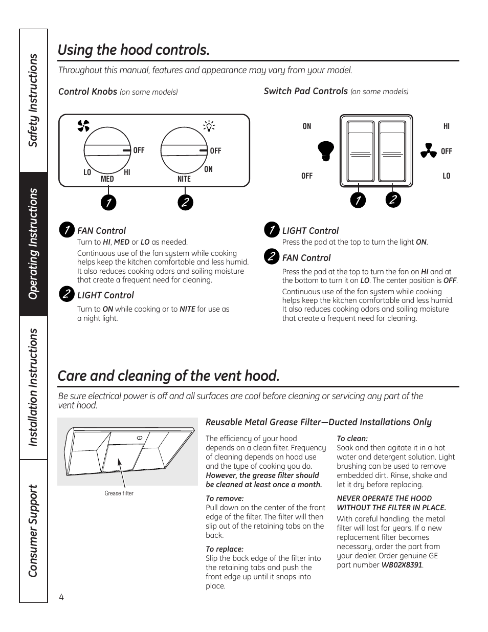 Using the hood controls, Care and cleaning of the vent hood | GE JV247 User Manual | Page 4 / 16
