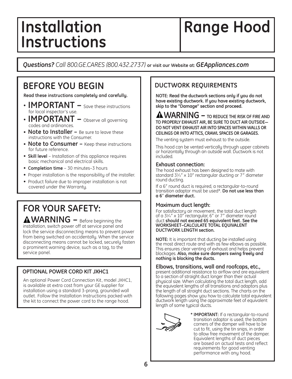 Installation range hood instructions, Before you begin, For your safety | Important, Warning | GE JV247 User Manual | Page 6 / 16