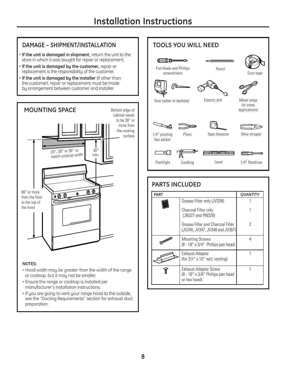 Installation instructions, Tools you will need | GE JV247 User Manual | Page 8 / 16