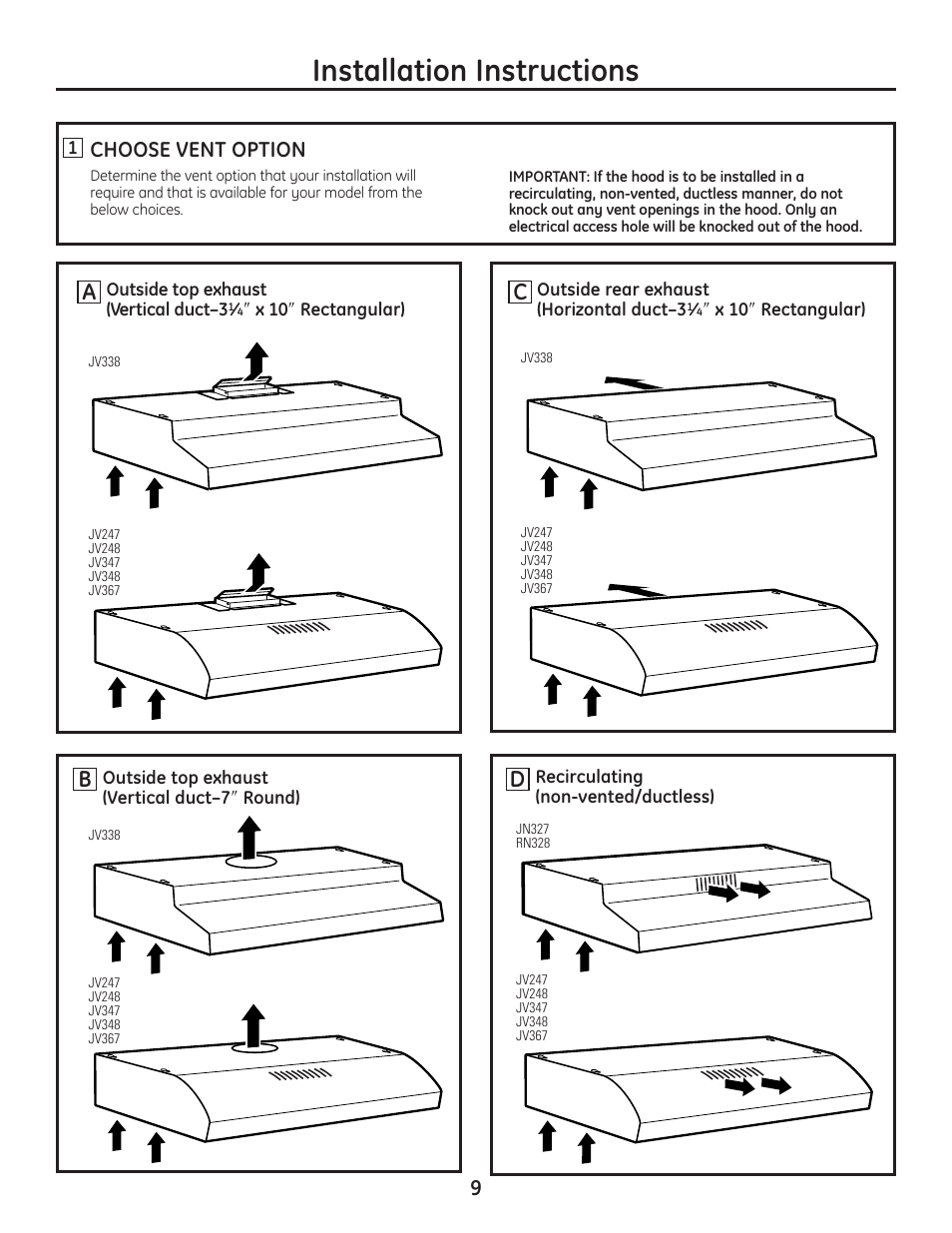 Installation instructions, Ac b, Choose vent option | GE JV247 User Manual | Page 9 / 16