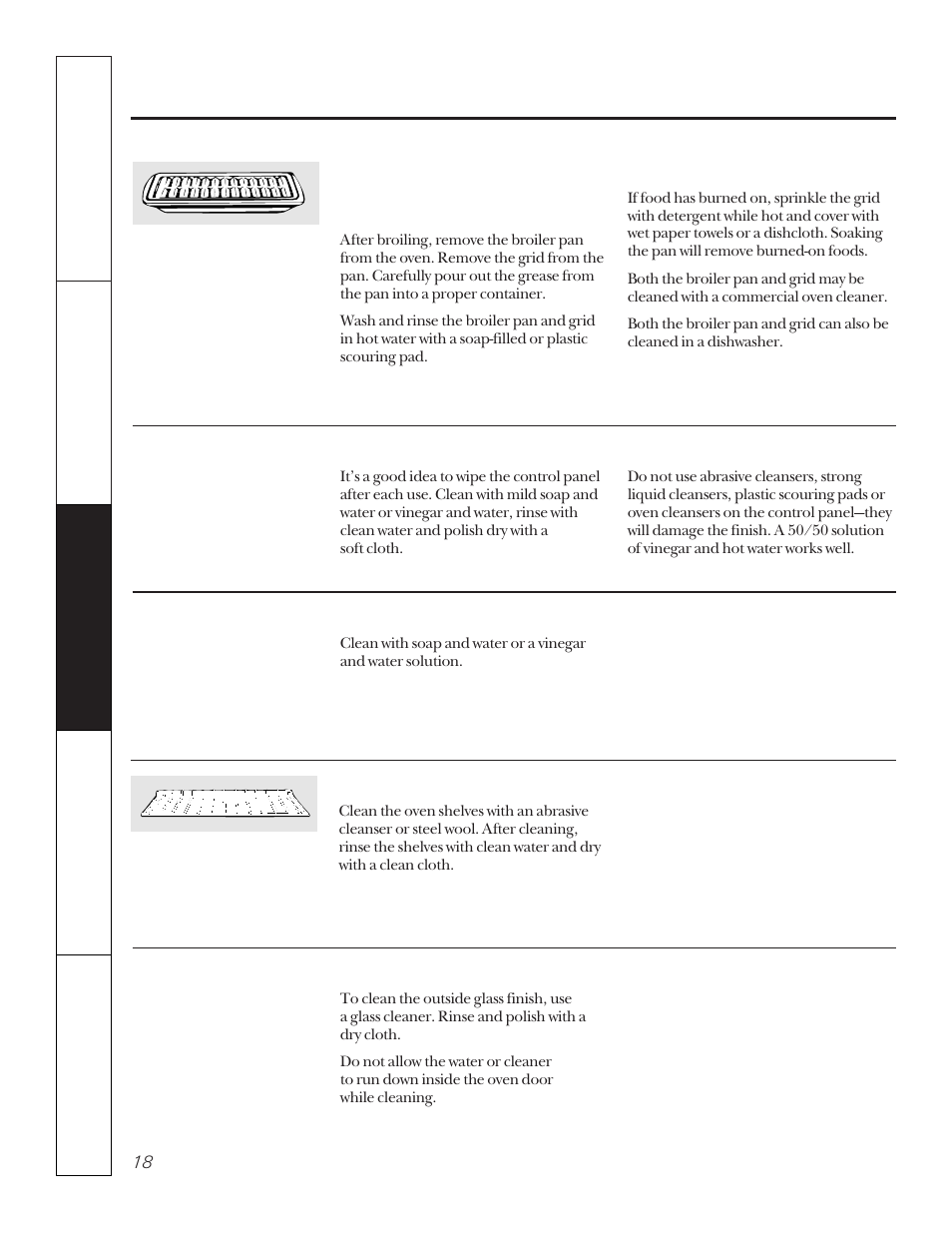 Shelves, Broiler pan and grid, Shelves broiler pan and grid | Care and cleaning of the oven | GE JKP15 User Manual | Page 18 / 24