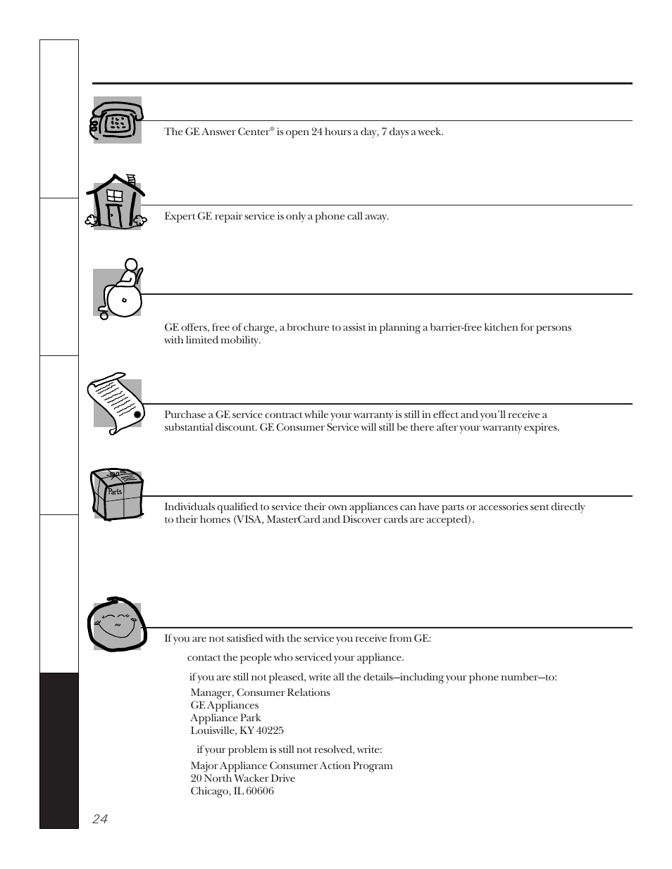 Service telephone numbers, Service telephone numbers. ge answer center, In-home repair service | Special needs service, Service contracts, Parts and accessories, Service satisfaction | GE JKP15 User Manual | Page 24 / 24
