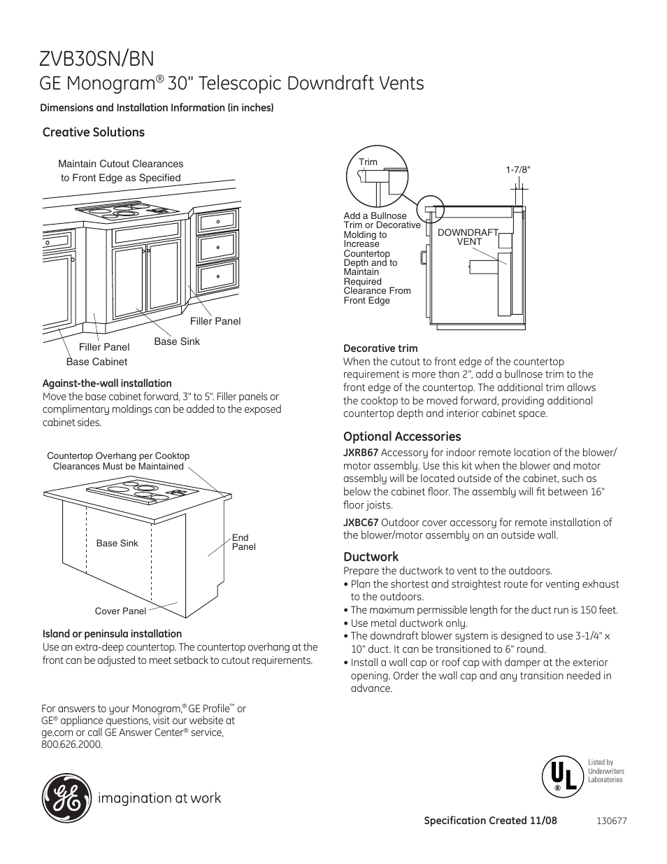 Zvb30sn/bn, Ge monogram, 30" telescopic downdraft vents | GE Monogram ZVB30SNSS User Manual | Page 2 / 4