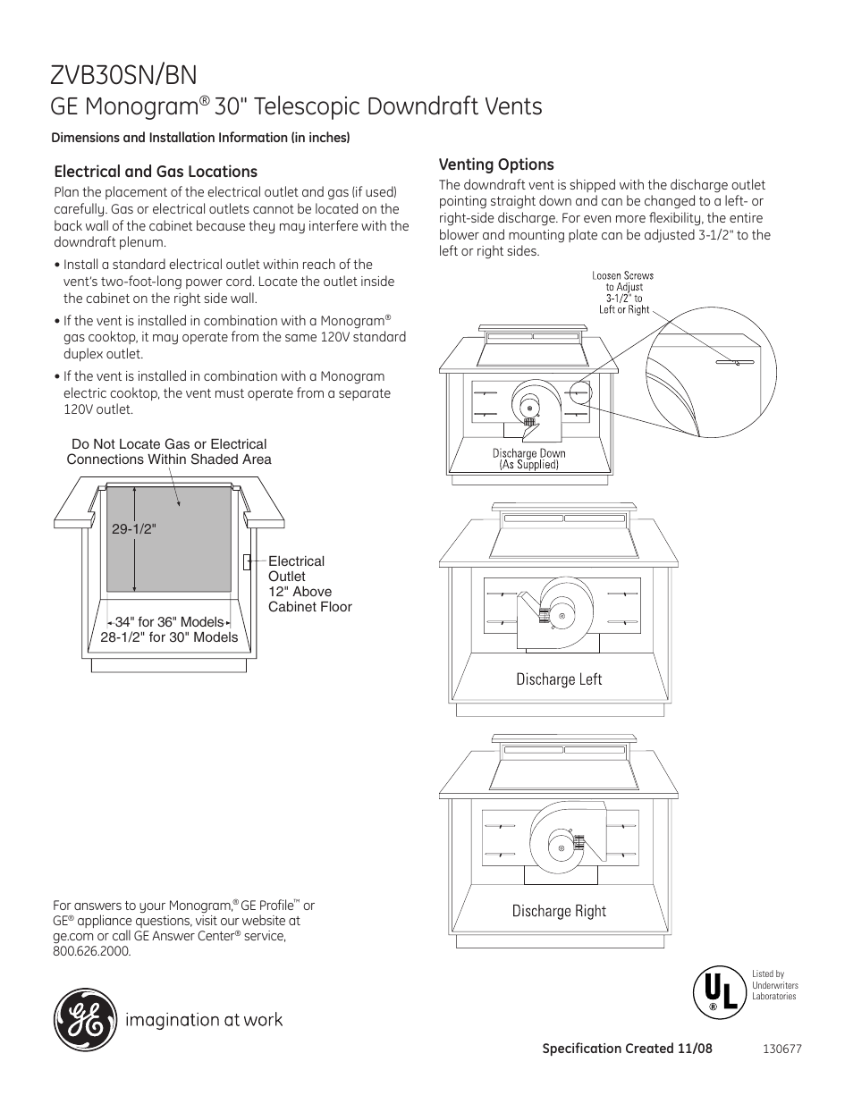 Zvb30sn/bn, Ge monogram, 30" telescopic downdraft vents | GE Monogram ZVB30SNSS User Manual | Page 3 / 4