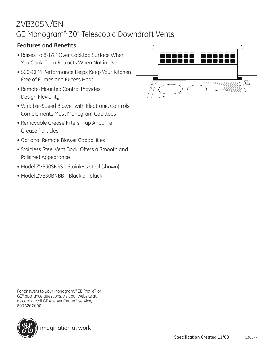 Zvb30sn/bn, Ge monogram, 30" telescopic downdraft vents | Features and benefits, Zvb30snss | GE Monogram ZVB30SNSS User Manual | Page 4 / 4