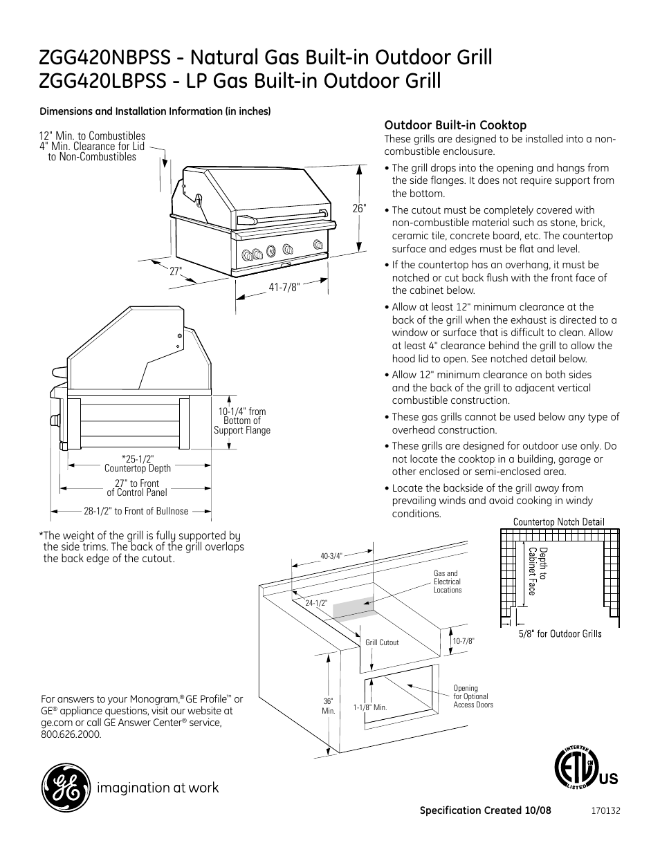 GE ZGG420NBPSS User Manual | 2 pages