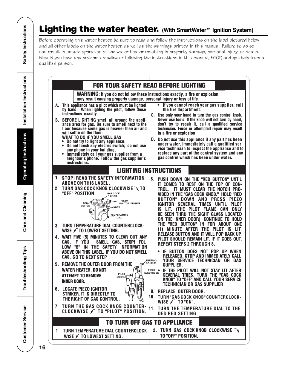 Lighting the water heater | GE GG Series User Manual | Page 16 / 28