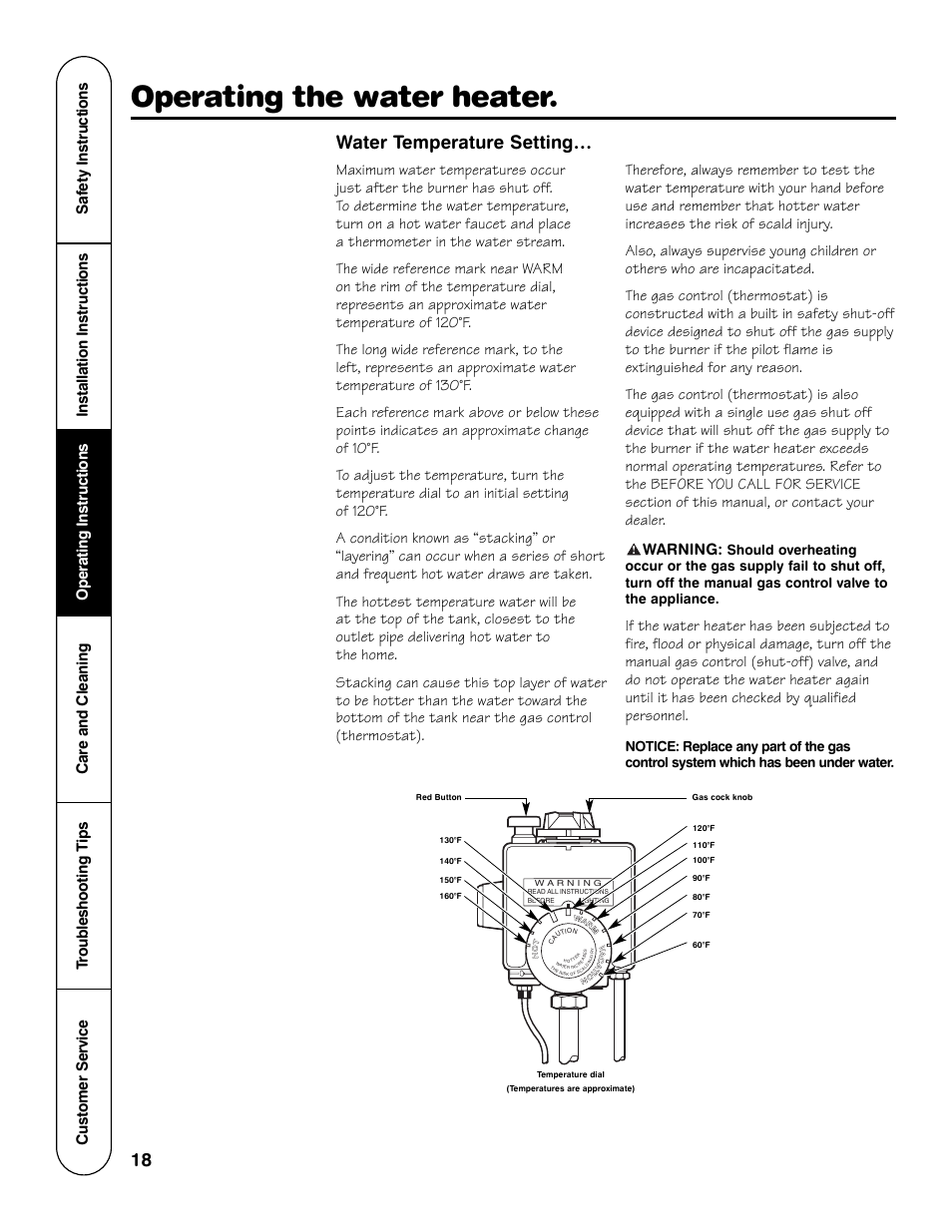 Operating the water heater, Water temperature setting | GE GG Series User Manual | Page 18 / 28