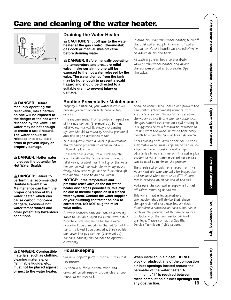 Care and cleaning of the water heater | GE GG Series User Manual | Page 19 / 28