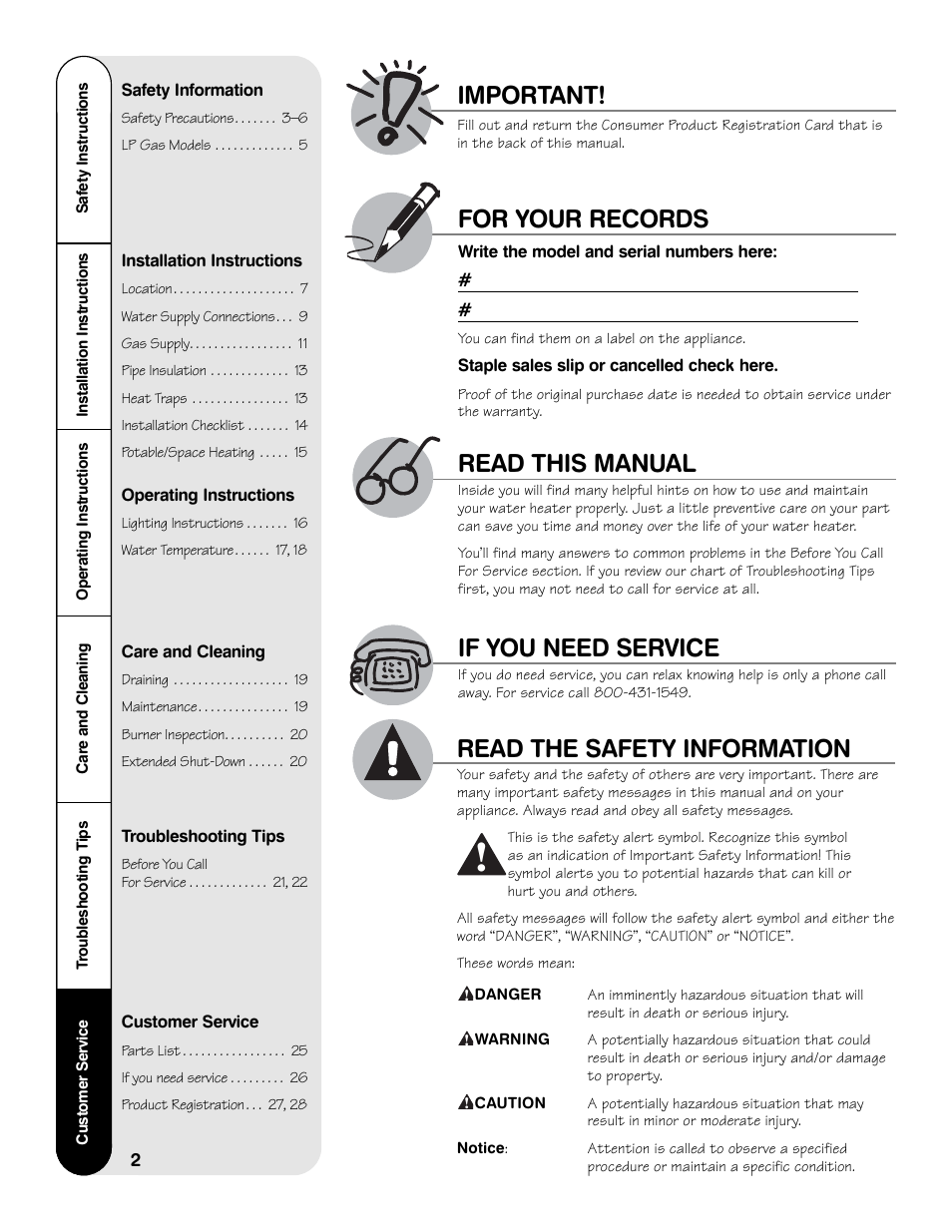 Read this manual for your records, Important, If you need service | Read the safety information | GE GG Series User Manual | Page 2 / 28