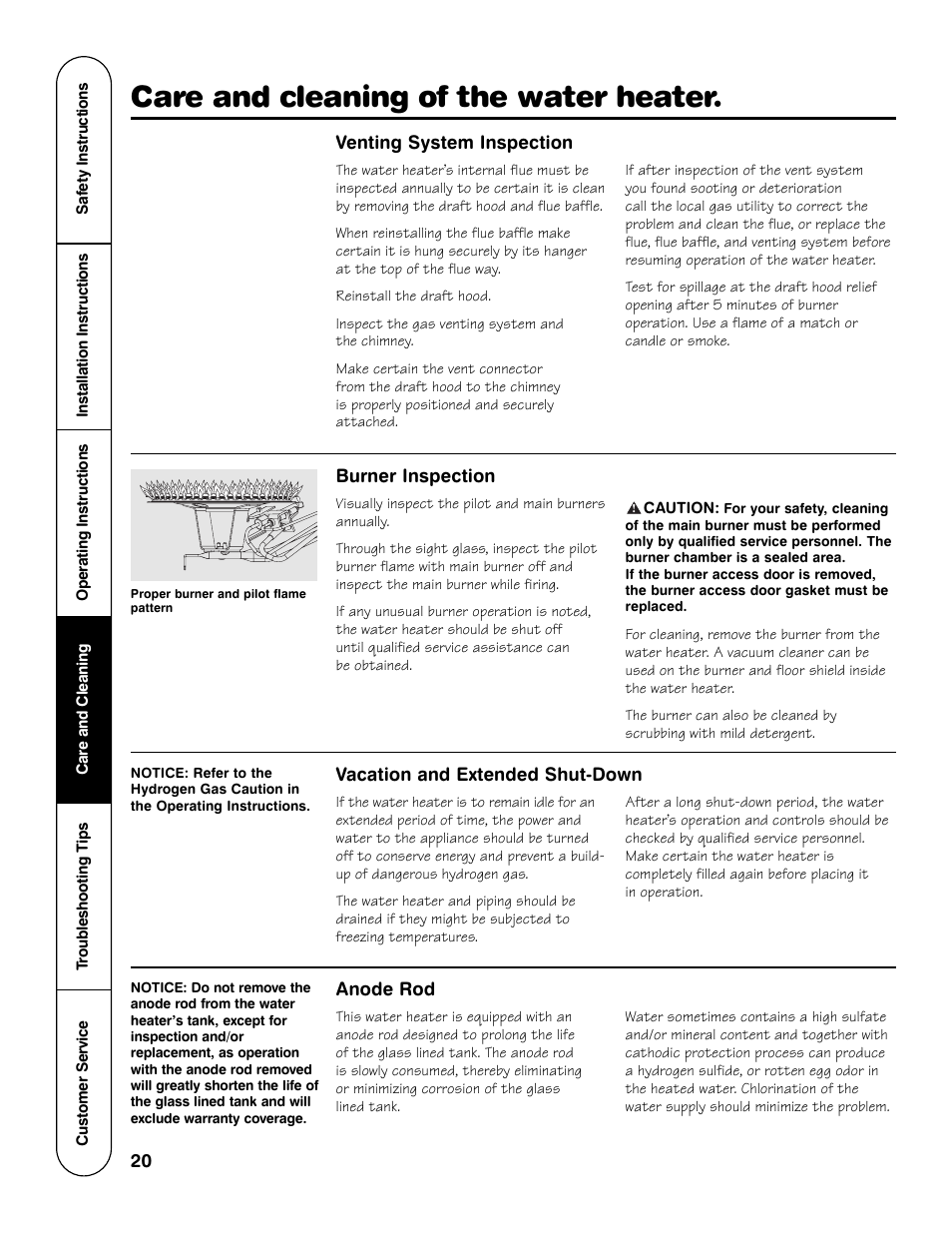 Care and cleaning of the water heater | GE GG Series User Manual | Page 20 / 28