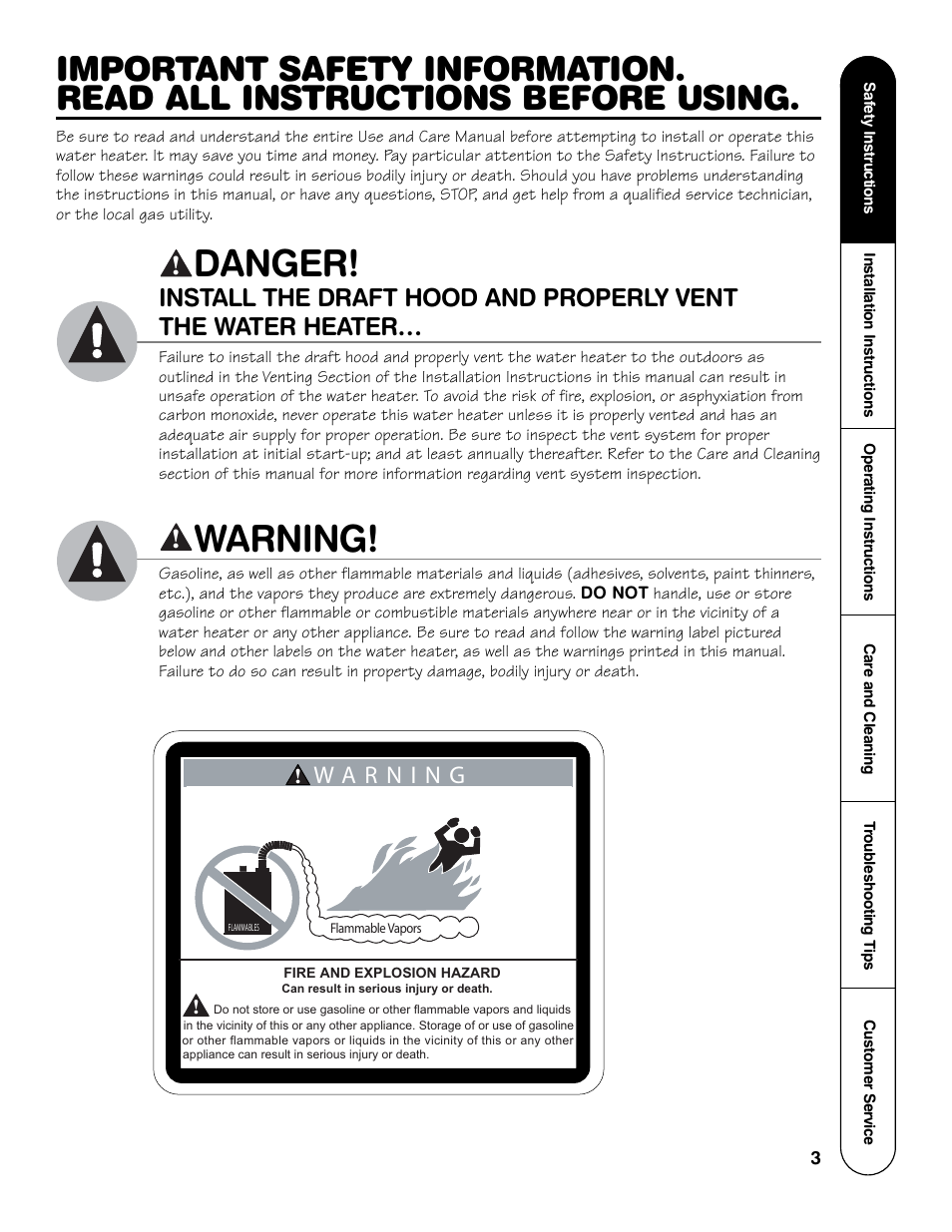 Danger, Warning | GE GG Series User Manual | Page 3 / 28