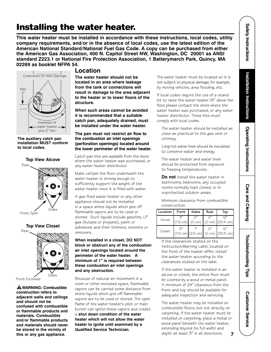 Installing the water heater, Location | GE GG Series User Manual | Page 7 / 28