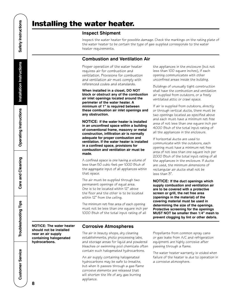 Installing the water heater | GE GG Series User Manual | Page 8 / 28