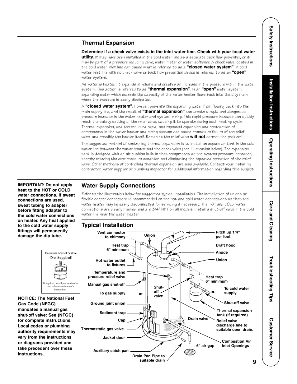 Thermal expansion, Water supply connections, Typical installation | GE GG Series User Manual | Page 9 / 28