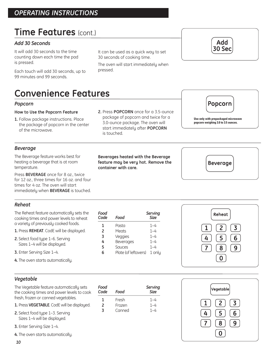 Convenience features, Convenience features , 11, Time features | Operating instructions, Cont.) | GE 9500D User Manual | Page 10 / 16