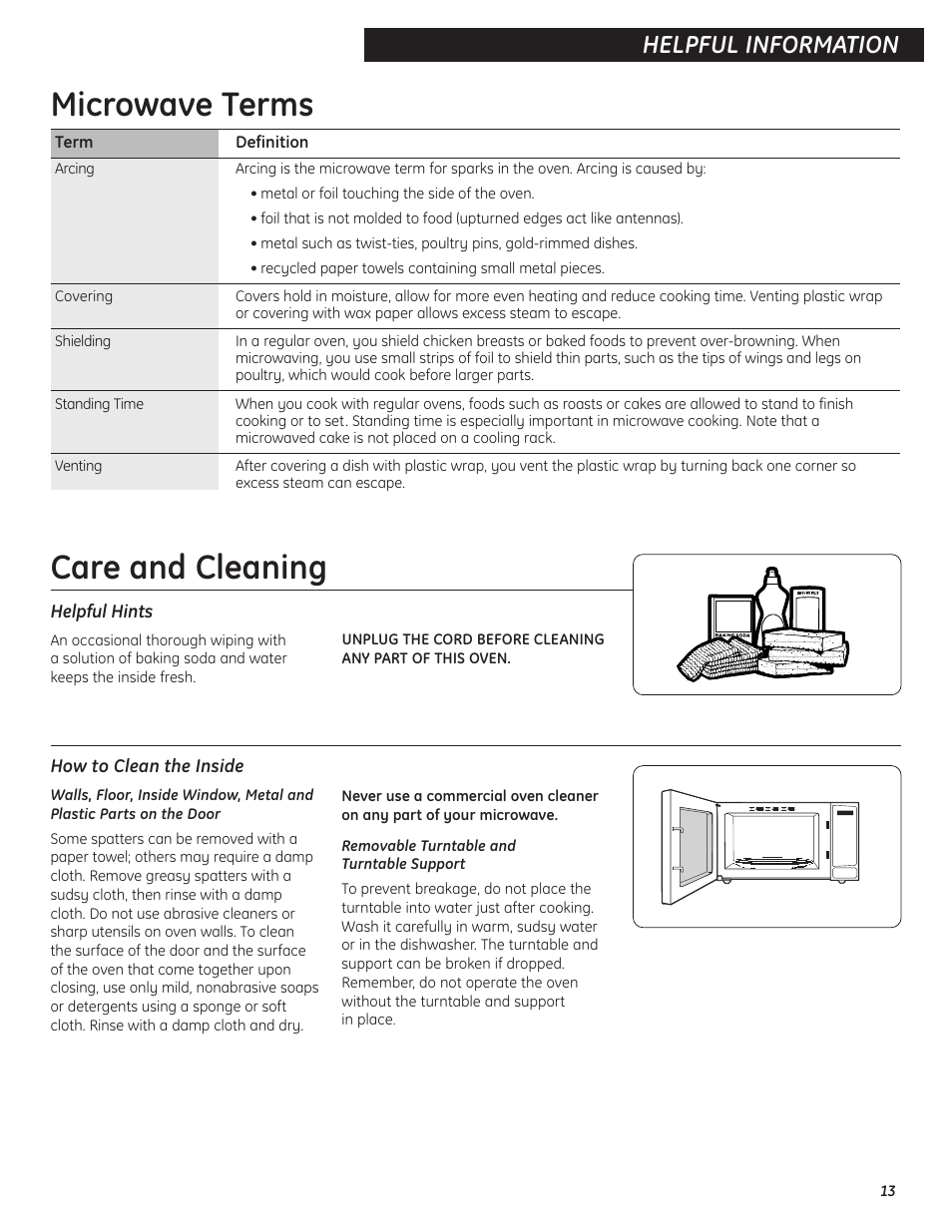 Microwave terms, Care and cleaning, Microwave terms care and cleaning , 14 | Helpful information | GE 9500D User Manual | Page 13 / 16