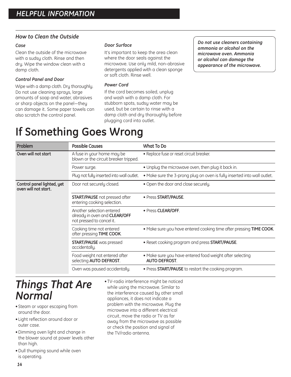 If something goes wrong, Things that are normal, If something goes wrong things that are normal | Helpful information | GE 9500D User Manual | Page 14 / 16