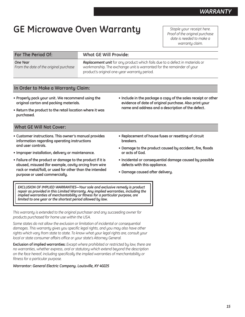 Microwave oven warranty, Ge microwave oven warranty, Warranty | GE 9500D User Manual | Page 15 / 16