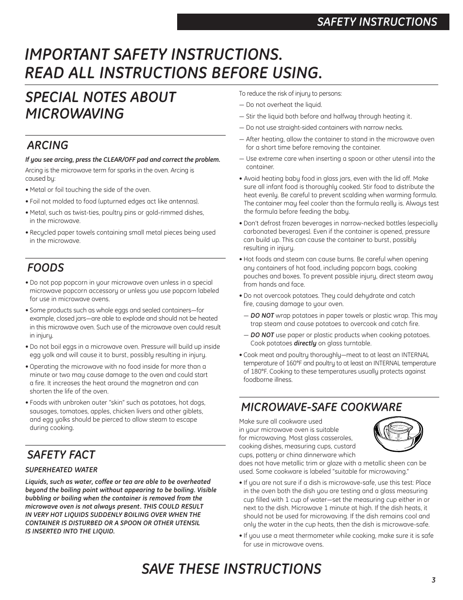 Save these instructions, Safety instructions, Arcing | Foods, Safety fact, Microwave-safe cookware | GE 9500D User Manual | Page 3 / 16