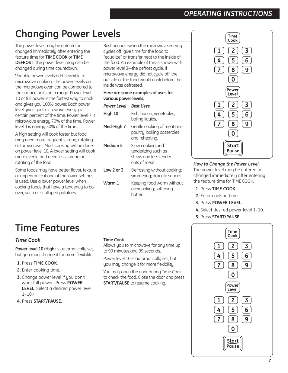 Changing power levels, Time features, Changing power levels time features –10 | Operating instructions | GE 9500D User Manual | Page 7 / 16