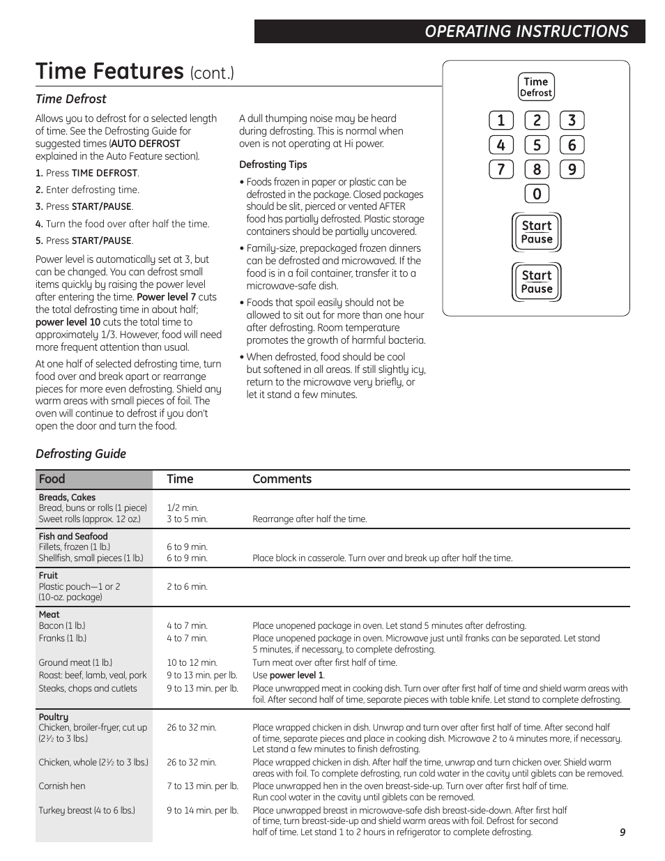 Time features, Operating instructions, Cont.) | GE 9500D User Manual | Page 9 / 16