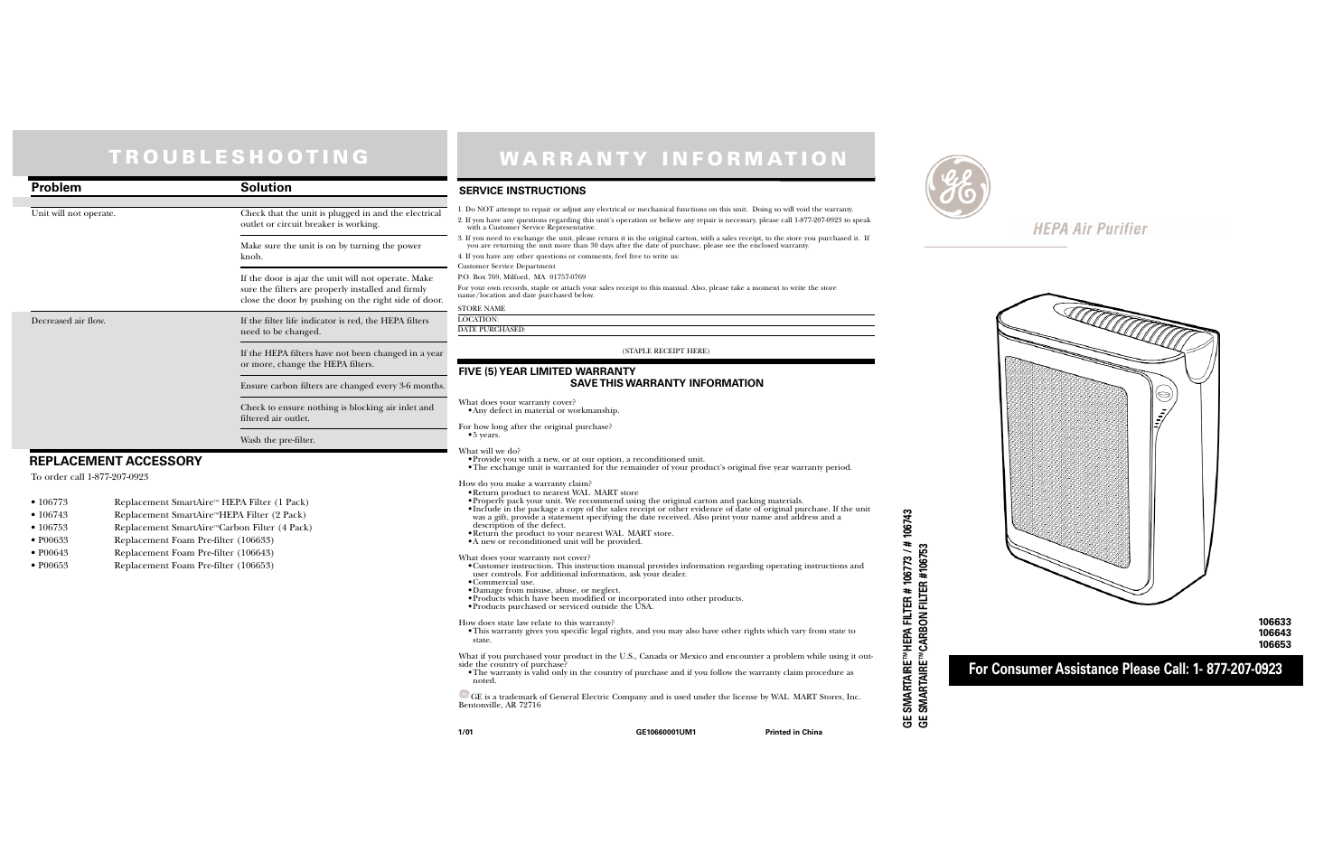 Warranty, Problem solution, Replacement accessory | GE GESMARTAIRE 106653 User Manual | Page 6 / 6