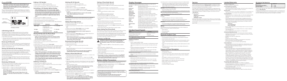 General product care, Causes of poor reception, Battery safety precautions | Display messages, Handset sound signals, Troubleshooting guide, Service, Id (cid), Limited warranty, Call waiting caller id | GE 27902 User Manual | Page 2 / 2