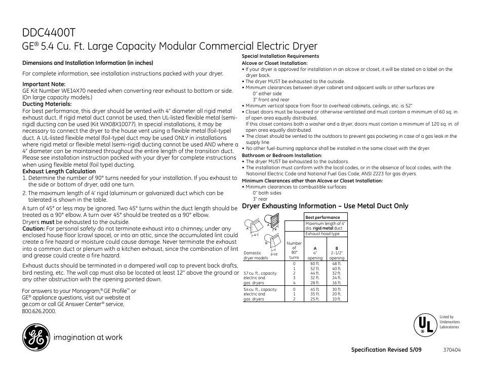 Ddc4400t, Dryer exhausting information – use metal duct only | GE DDC4400TWH User Manual | Page 2 / 3