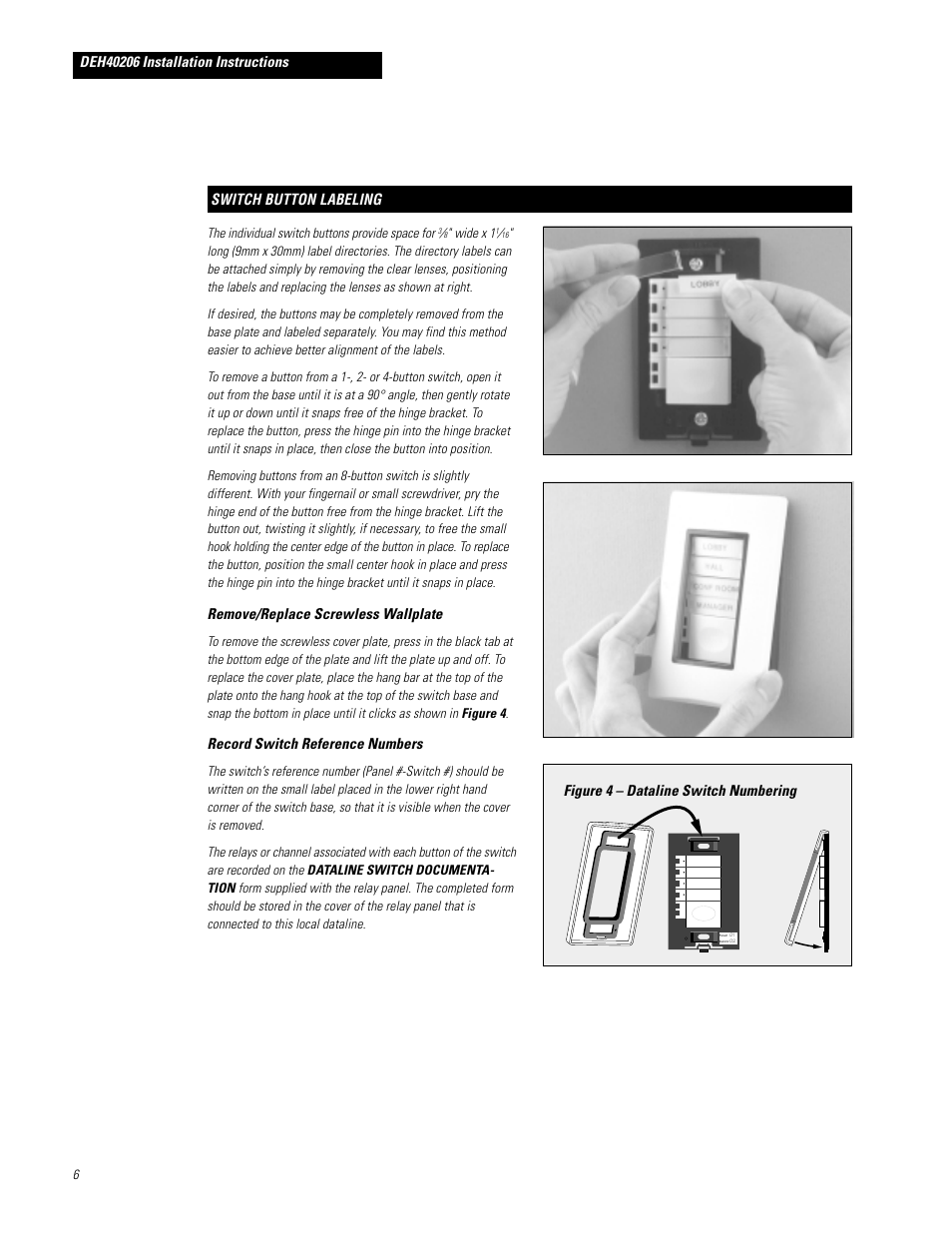 Remove/replace screwless wallplate, Record switch reference numbers, Figure 4 – dataline switch numbering | GE PROSYS DEH40206 User Manual | Page 6 / 10