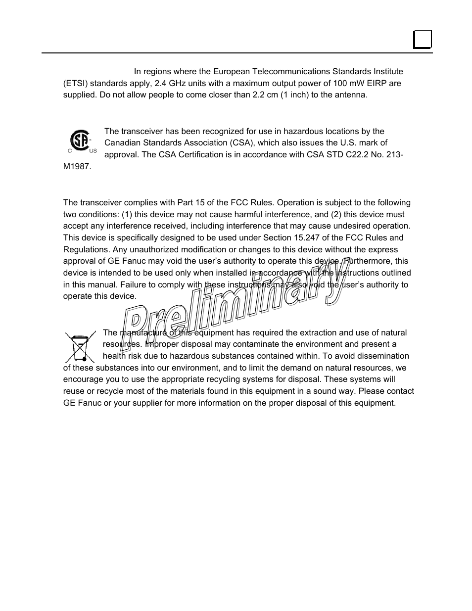 Csa/us notice, Fcc part 15 notice, Environmental information | GE GFK-2489 User Manual | Page 19 / 184