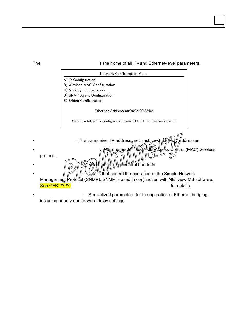 Configuring network parameters, Network configuration menu | GE GFK-2489 User Manual | Page 46 / 184