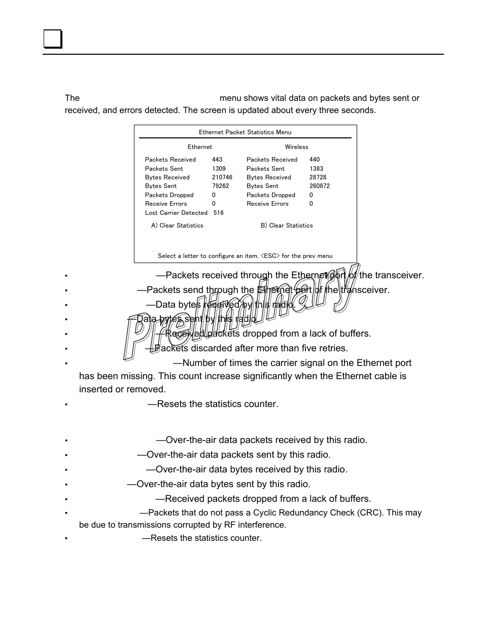 Ethernet and wireless packet statistics, Wireless packet statistics | GE GFK-2489 User Manual | Page 79 / 184