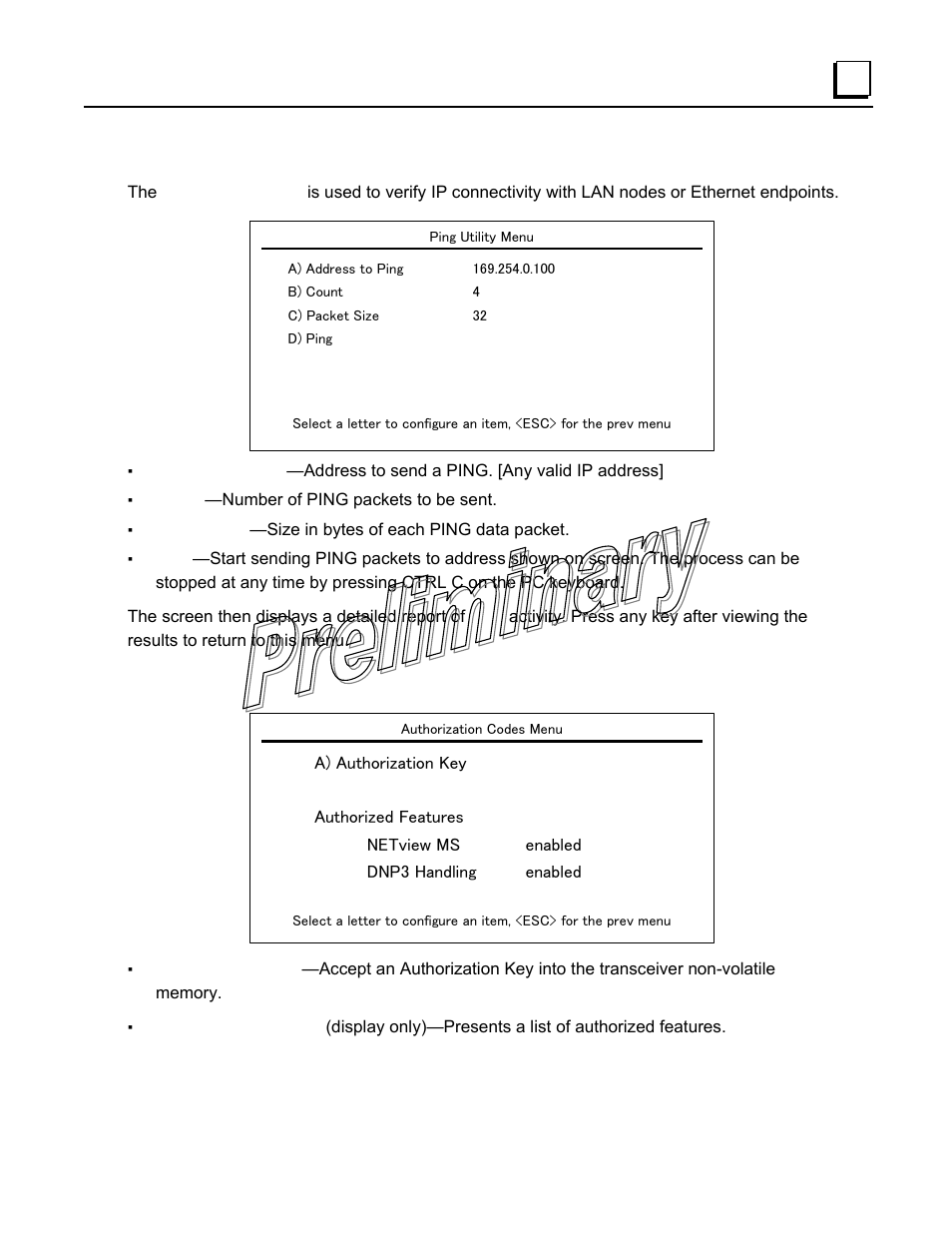 Authorization codes menu, Ping utility menu | GE GFK-2489 User Manual | Page 88 / 184