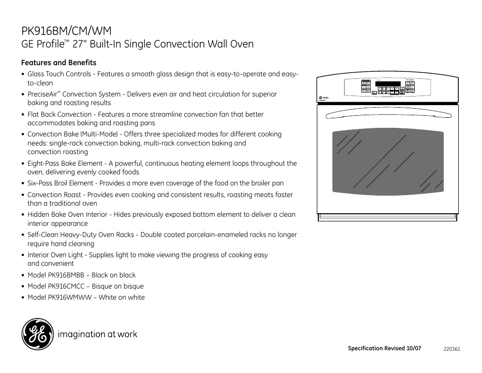 Pk916bm/cm/wm, Pk916wm/cm/bm, Ge profile | 27" built-in single convection wall oven | GE PK916BM User Manual | Page 3 / 3