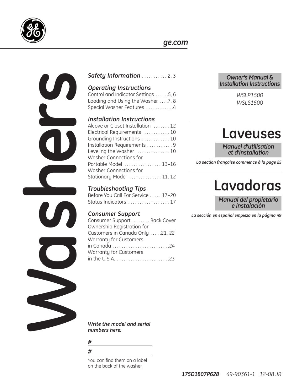 GE WSLP1500 User Manual | 72 pages