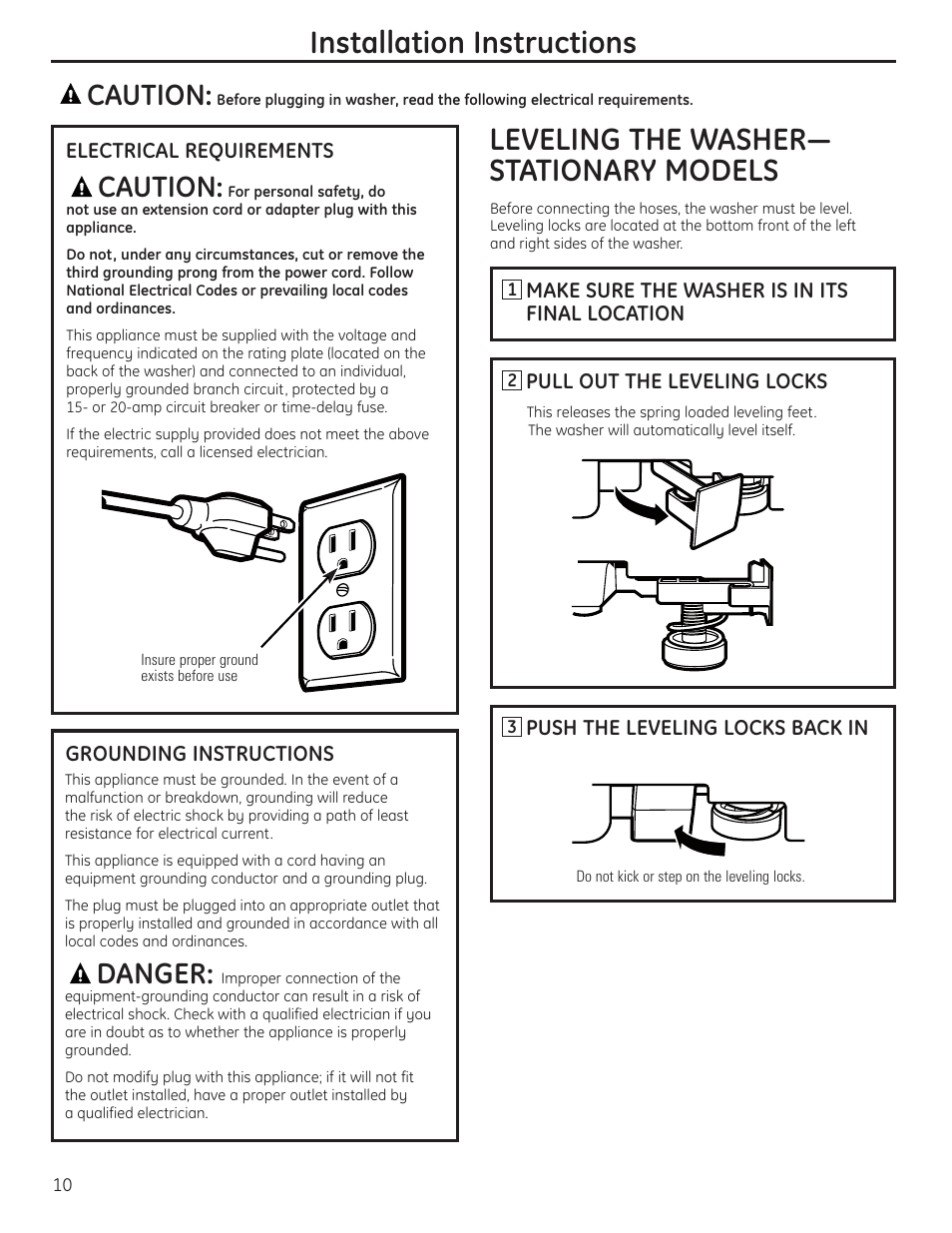 Electrical requirements, Grounding instructions, Leveling the washer | Electrical requirements grounding instructions, Installation instructions, Leveling the washer— stationary models, Caution, Danger | GE WSLP1500 User Manual | Page 10 / 72