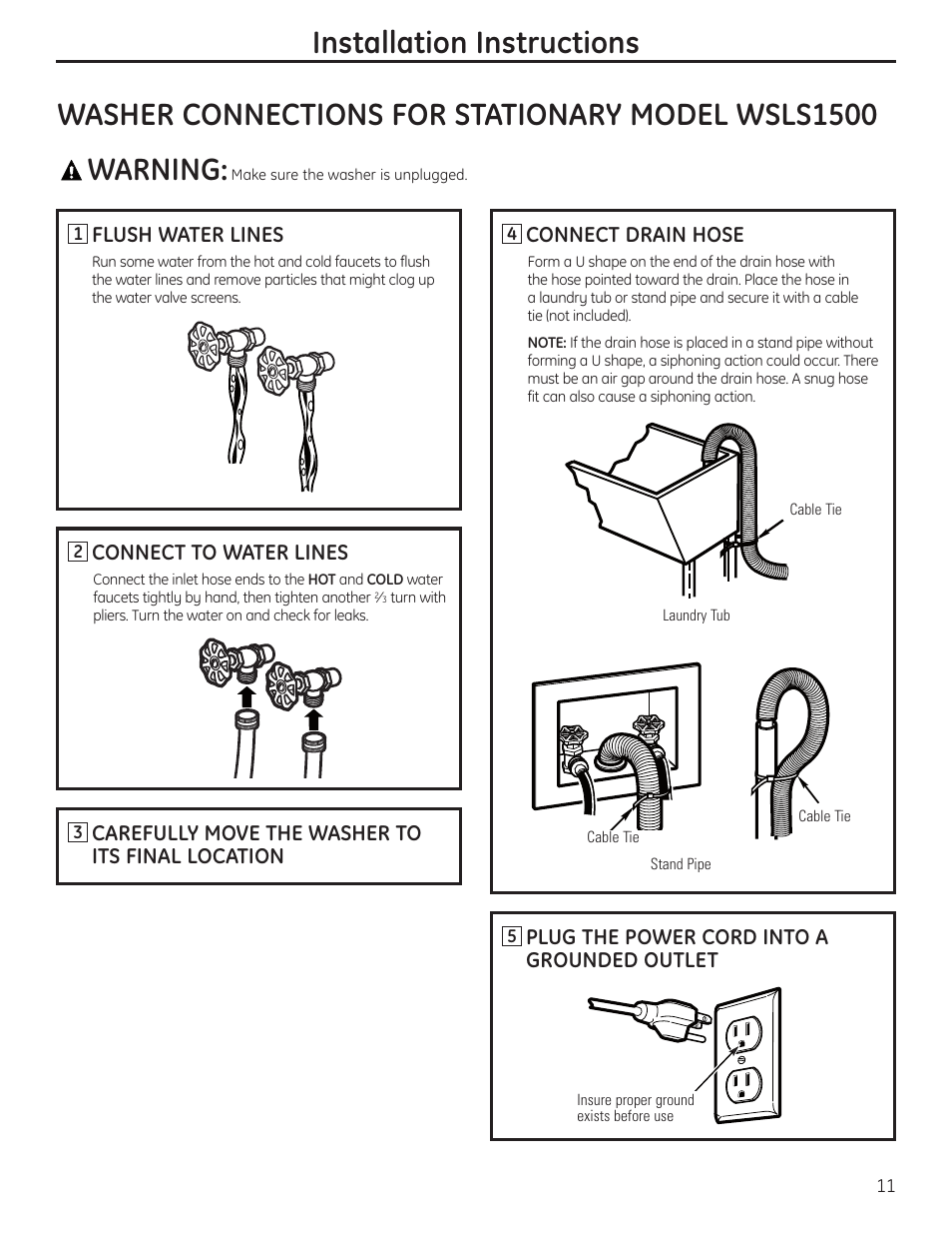 Washer connections for stationary model, Washer connections for stationary model , 12, Warning | GE WSLP1500 User Manual | Page 11 / 72