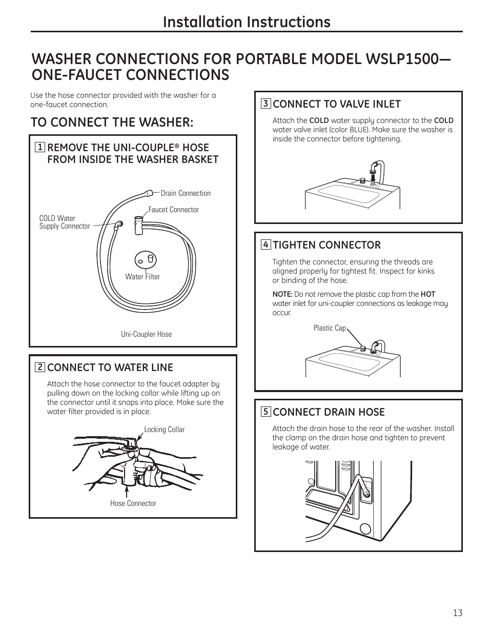 Washer connections for portable model, Washer connections for portable model –16 | GE WSLP1500 User Manual | Page 13 / 72