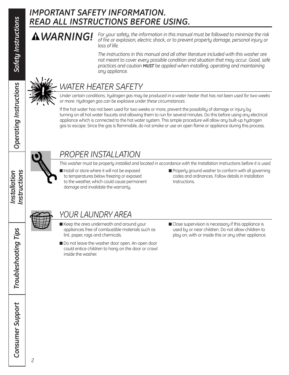 Safety information, Warning, Water heater safety | Proper installation, Your laundry area | GE WSLP1500 User Manual | Page 2 / 72