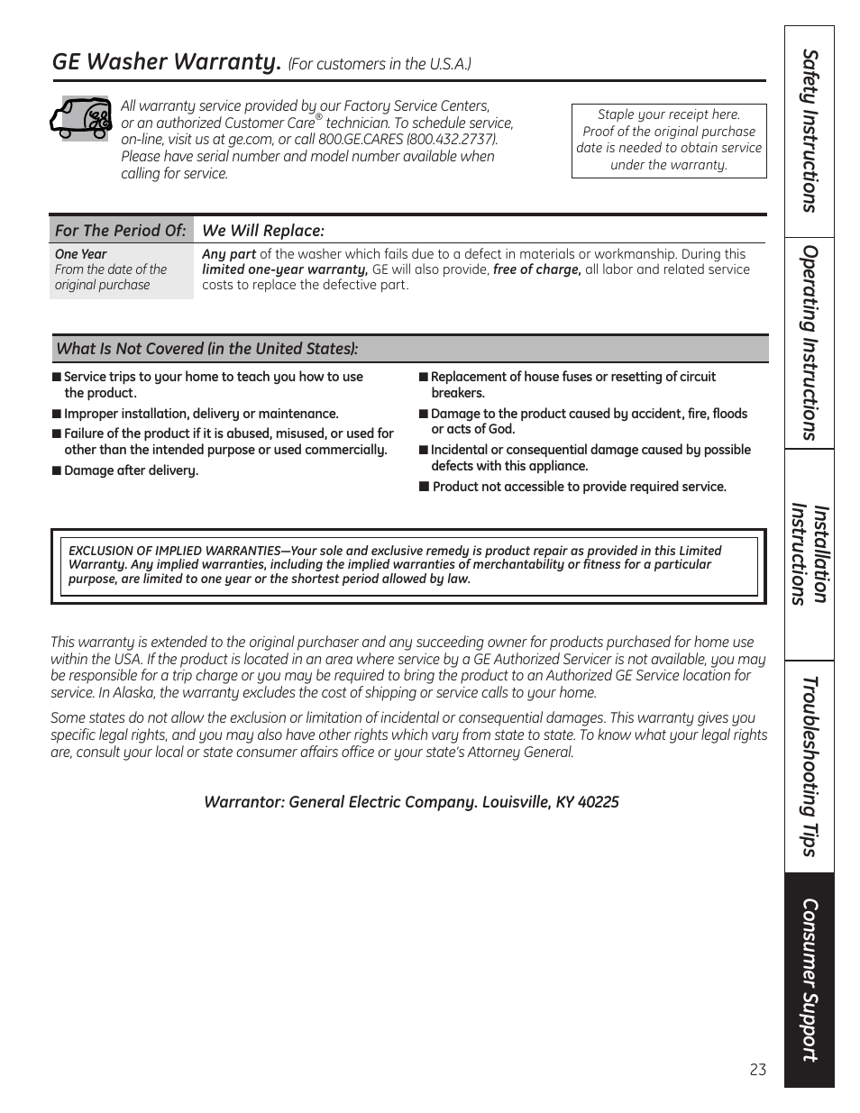Warranty for customersin the u.s.a, Warranty for customers in the u.s.a, Ge washer warranty | GE WSLP1500 User Manual | Page 23 / 72