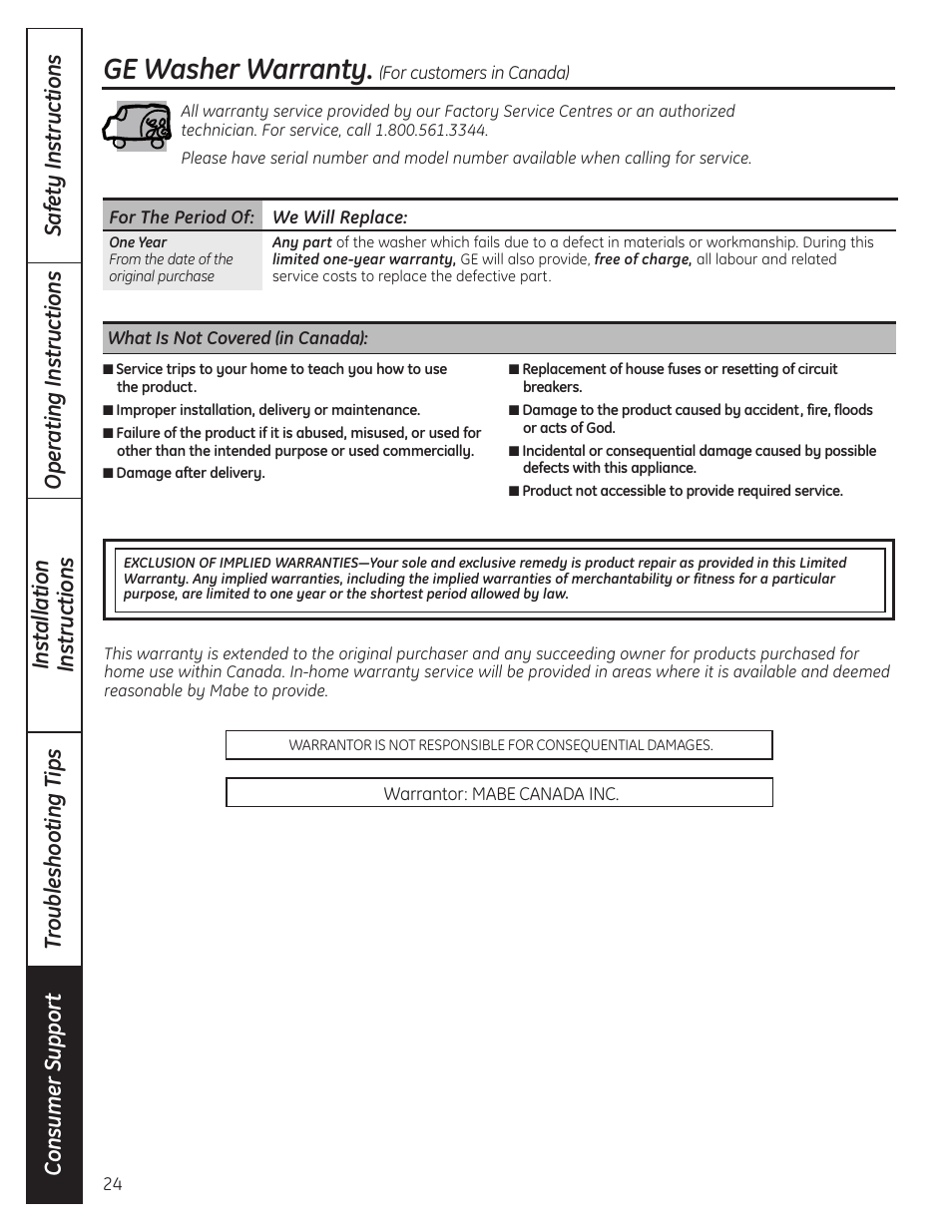 Warranty for customers in canada, Ge washer warranty | GE WSLP1500 User Manual | Page 24 / 72