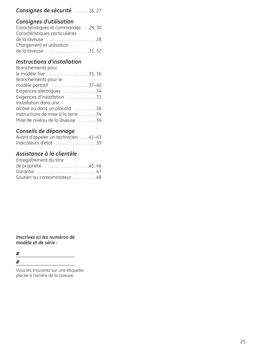 French, Consignes d’utilisation, Instructions d’installation | Conseils de dépannage, Assistance à la clientèle | GE WSLP1500 User Manual | Page 25 / 72