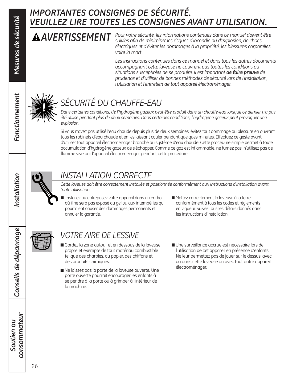 Consignes de sécurité, Avertissement, Sécurité du chauffe-eau | Installation correcte, Votre aire de lessive | GE WSLP1500 User Manual | Page 26 / 72