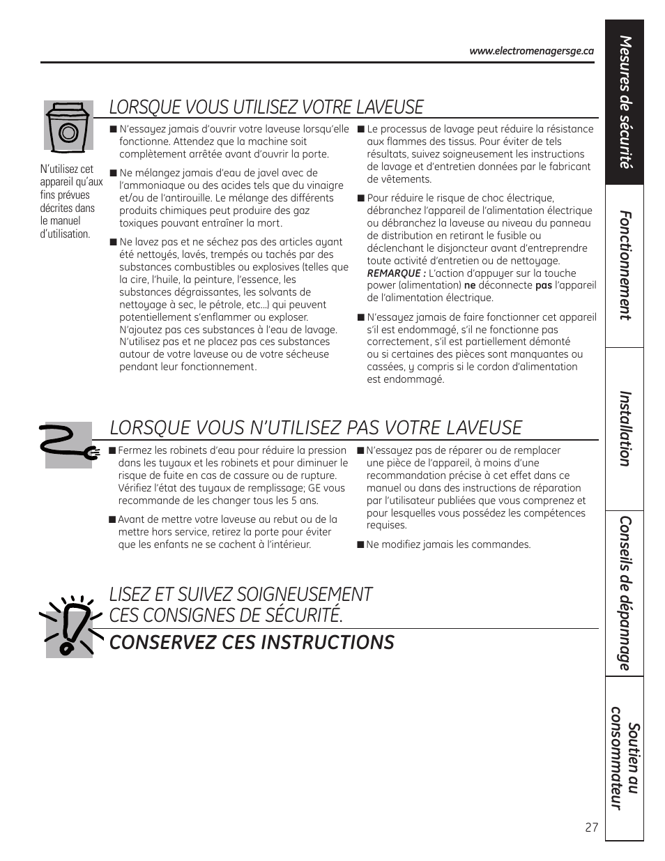 Lorsque vous utilisez votre laveuse | GE WSLP1500 User Manual | Page 27 / 72